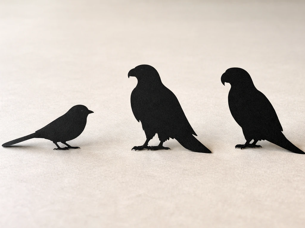 Three distinct bird silhouettes on a neutral tabletop, side by side, highlighting different species types.