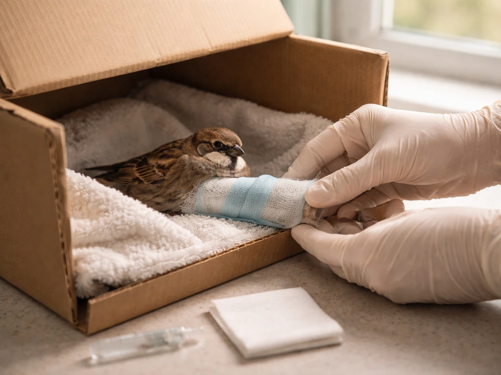 Gloved hands gently caring for a wrapped bird in a covered transport box with first-aid supplies nearby.