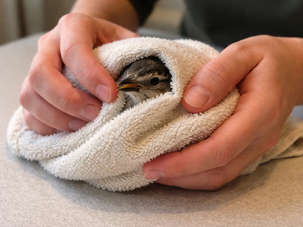 Handler’s hands gently wrap a small bird in a soft towel, beak left accessible for dosing.