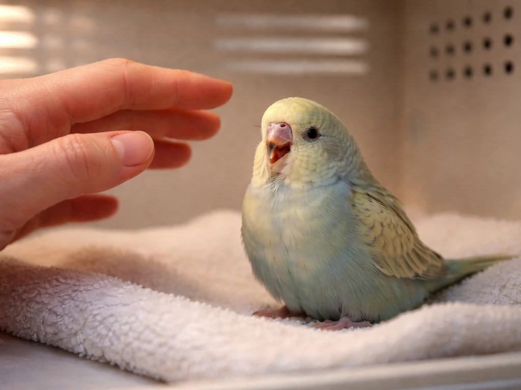 Calm upright small bird in warm ventilated recovery box with subtle open-beak breathing effort.