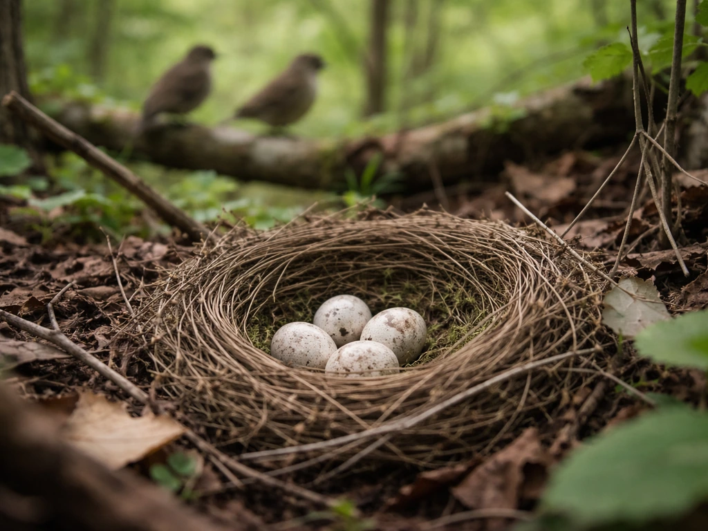 Intact wild bird nest with unhatched eggs in natural habitat, adults blurred in distant background.