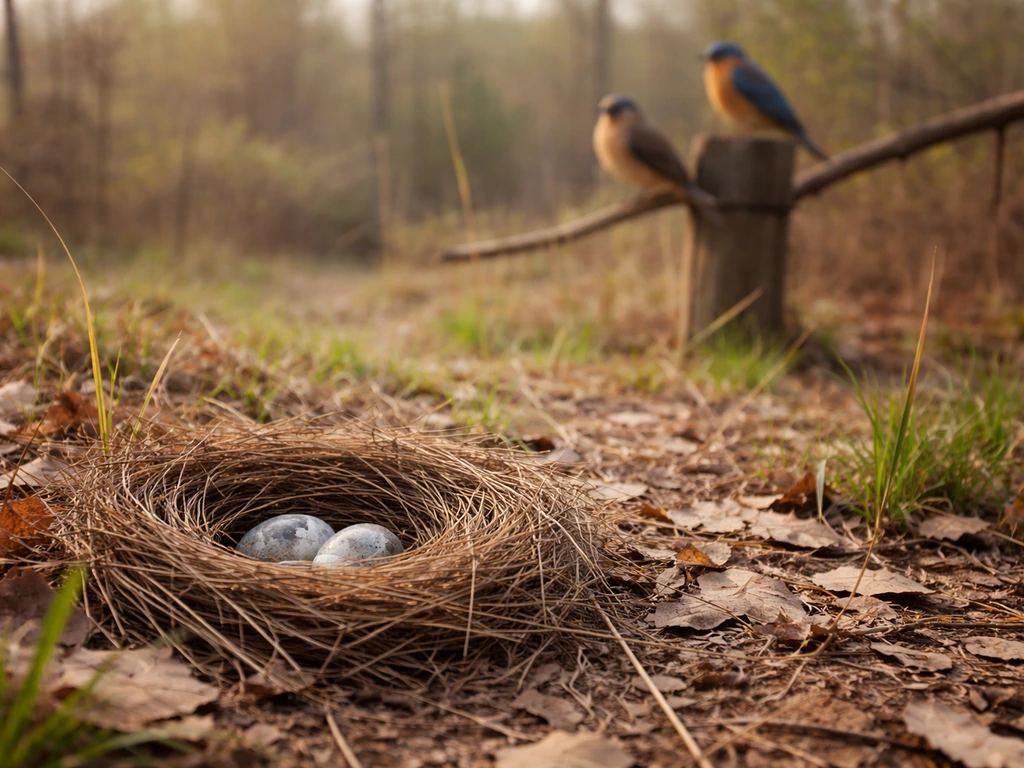 Intact bird nest in grass with unhatched eggs, adult birds perched nearby watching from a distance.