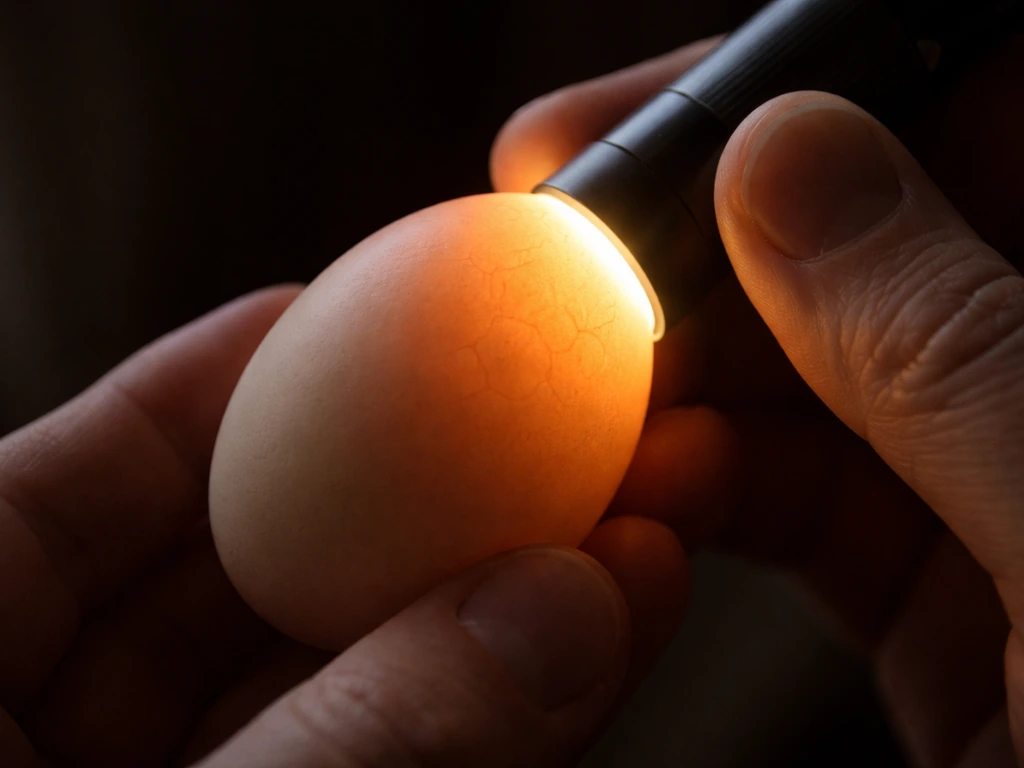 Hand holding a bright light to an egg’s large end in a dark room for candling