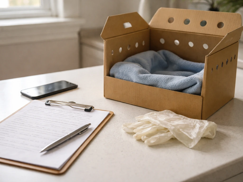Clipboard and transport box for an intake call, gloves nearby, no bird or egg visible.