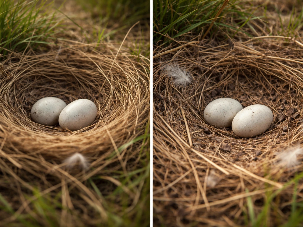 Side-by-side nest photos: left undisturbed unhatched eggs, right disturbed eggs suggesting unsafe handling.