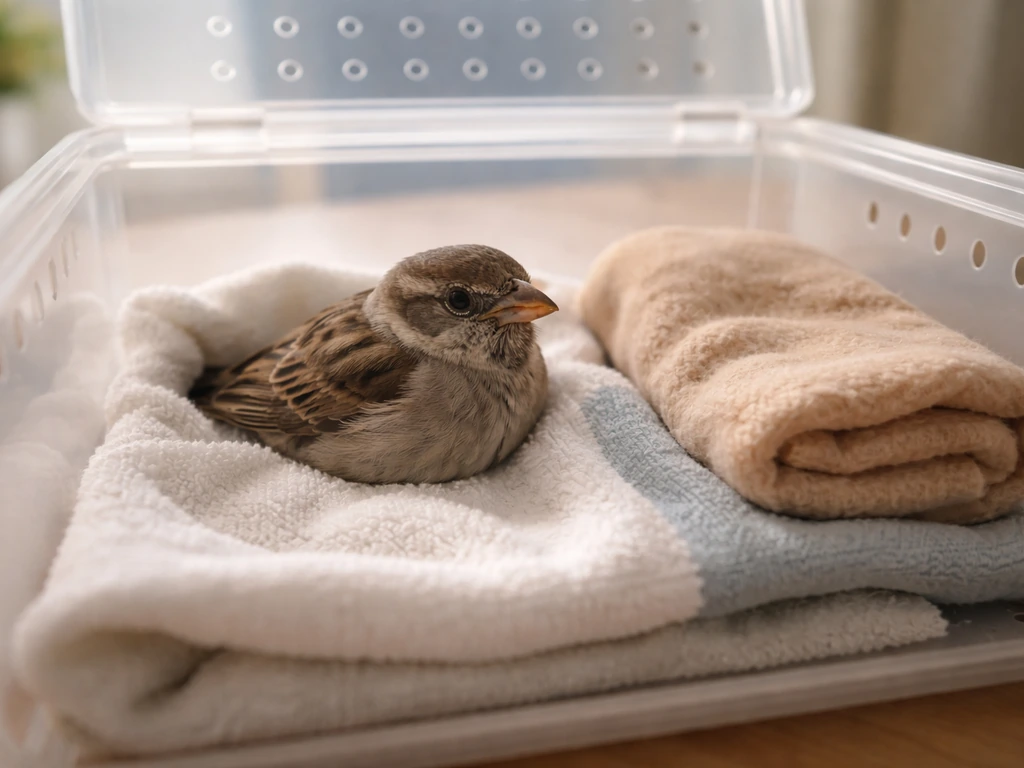 Small wild bird resting in a ventilated recovery box with a wrapped warm heating pad beside it.