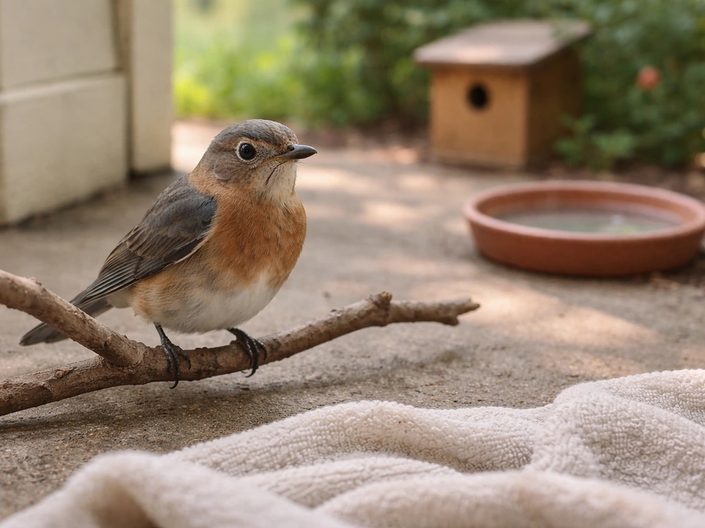 A small feathered bird perched calmly outdoors with a safe observation setup in the background.