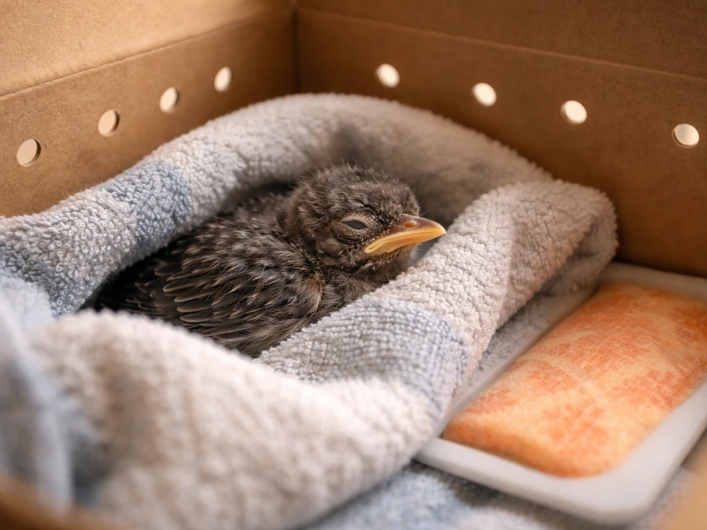Chilled nestling kept warm in a ventilated cardboard box lined with soft cloth and a secured hand warmer