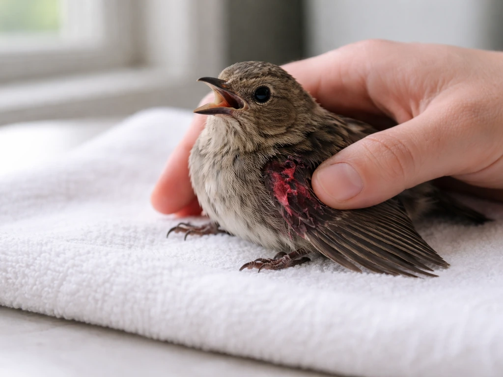 Injured small bird with visible bleeding in a quiet room, urgent first-aid context, no text.