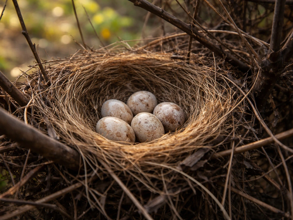 Bird nest with eggs in low branches, adult bird absent, peaceful outdoor natural light scene.