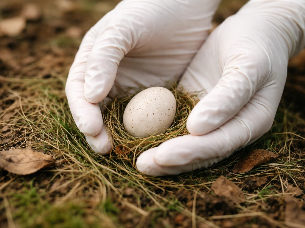Clean gloved hands gently cradle a bird egg in a grassy nest, preserving its orientation.