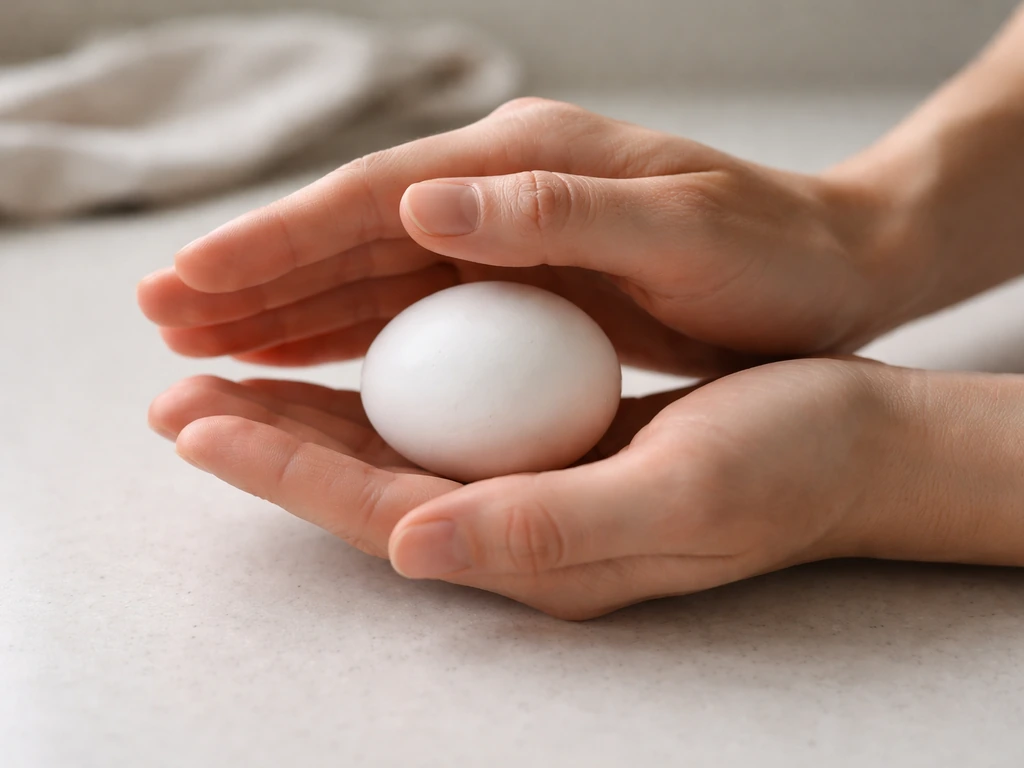Hands gently holding a stable egg over a kitchen counter, implying not shaking or jolting it.