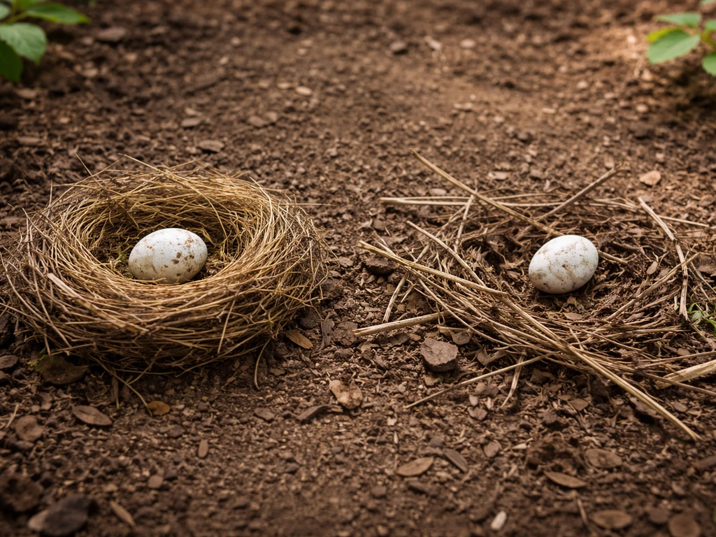 Two empty nest scenes on a natural ground, one intact, one disrupted, symbolizing unhatched egg options