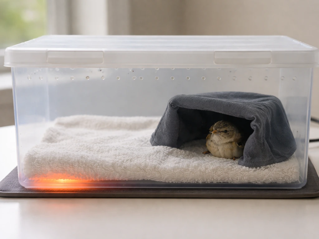 Small bird resting in a ventilated box with a warm heating pad under half and a dark hiding spot.