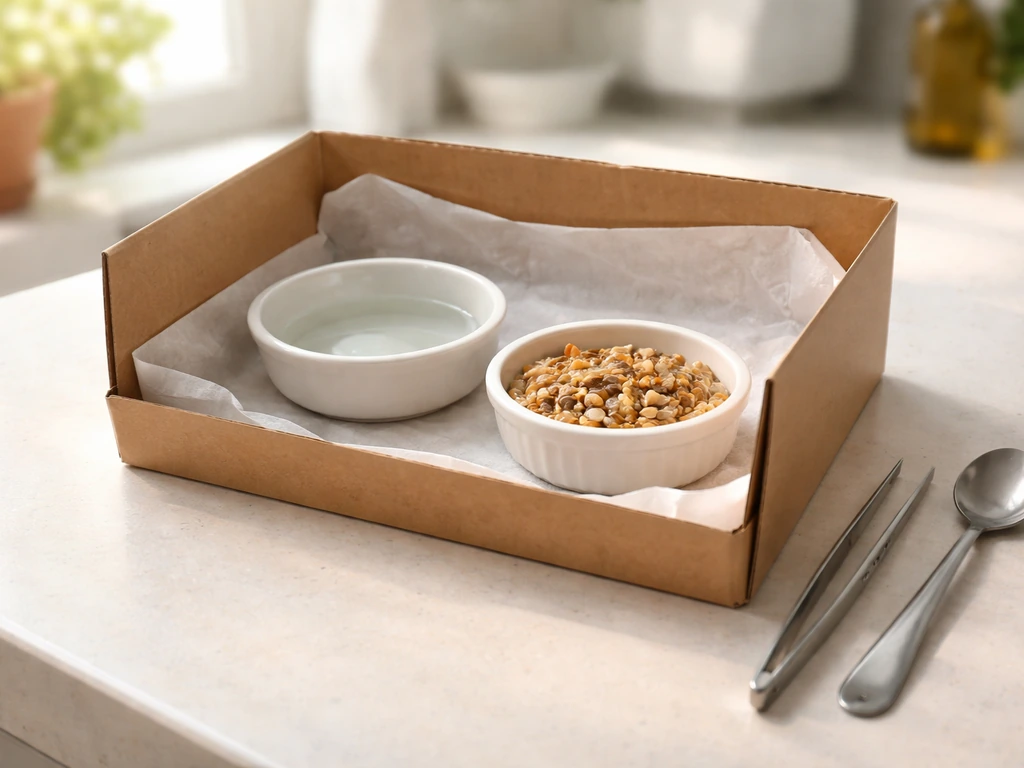 Safe wildlife feeding setup: separate dishes of water and appropriate food with tools nearby, no bird present.