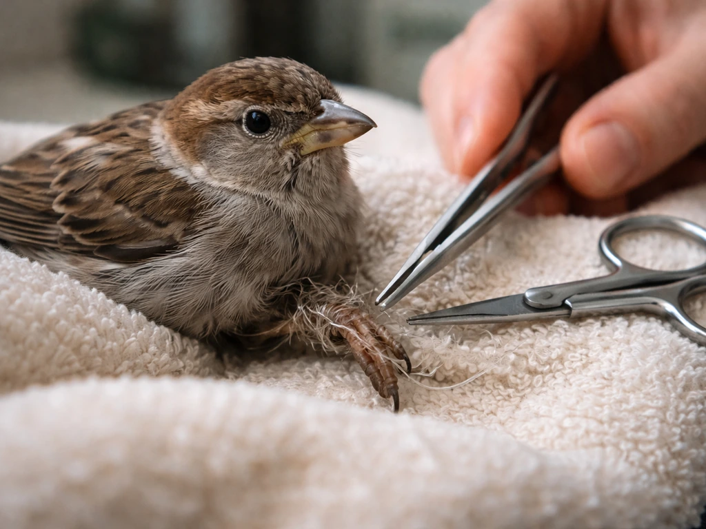 Rescuers carefully handling fishing line tangled around a bird’s wing/leg with safe tools, not cutting.