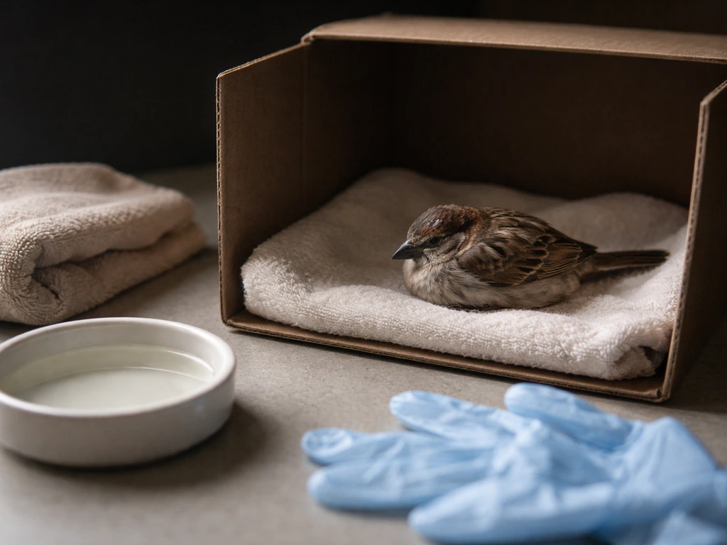 Injured small bird resting in a lined cardboard recovery box with humane first-aid supplies nearby.