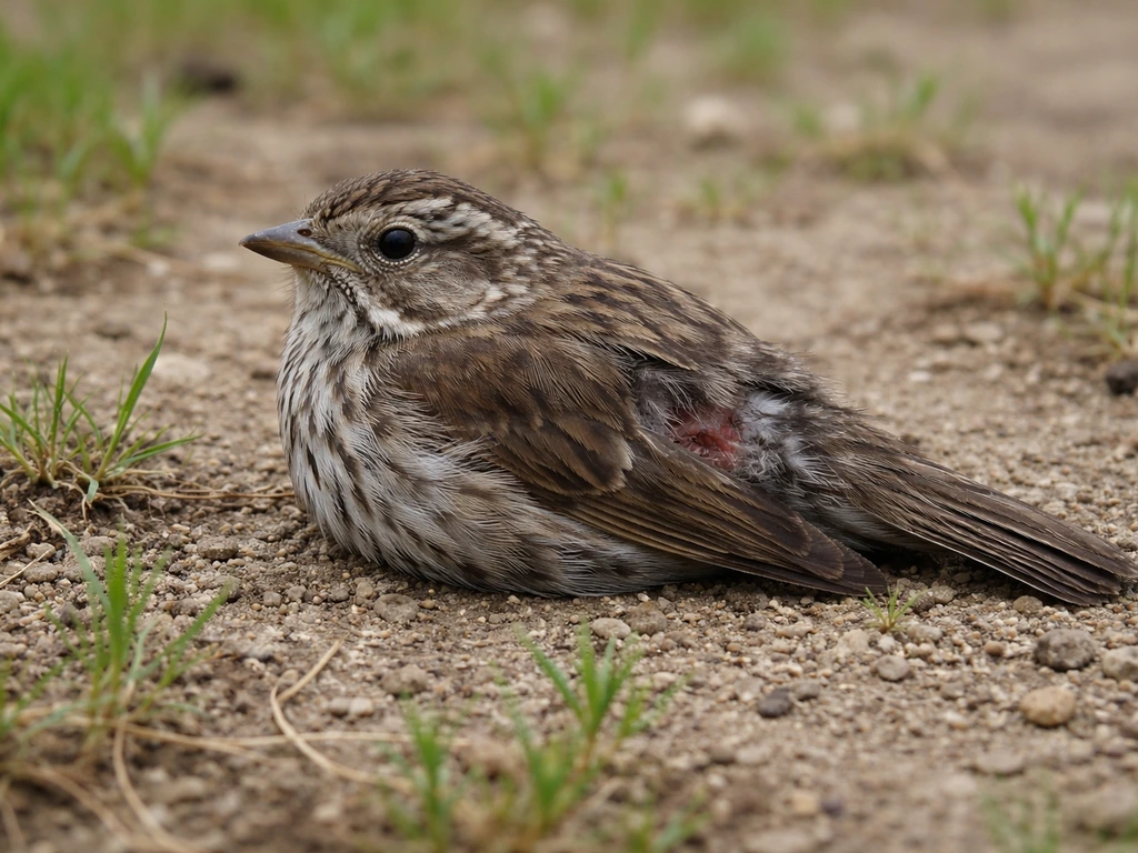 Close-up of an injured wild bird on the ground, observed from a short distance for breathing and alertness