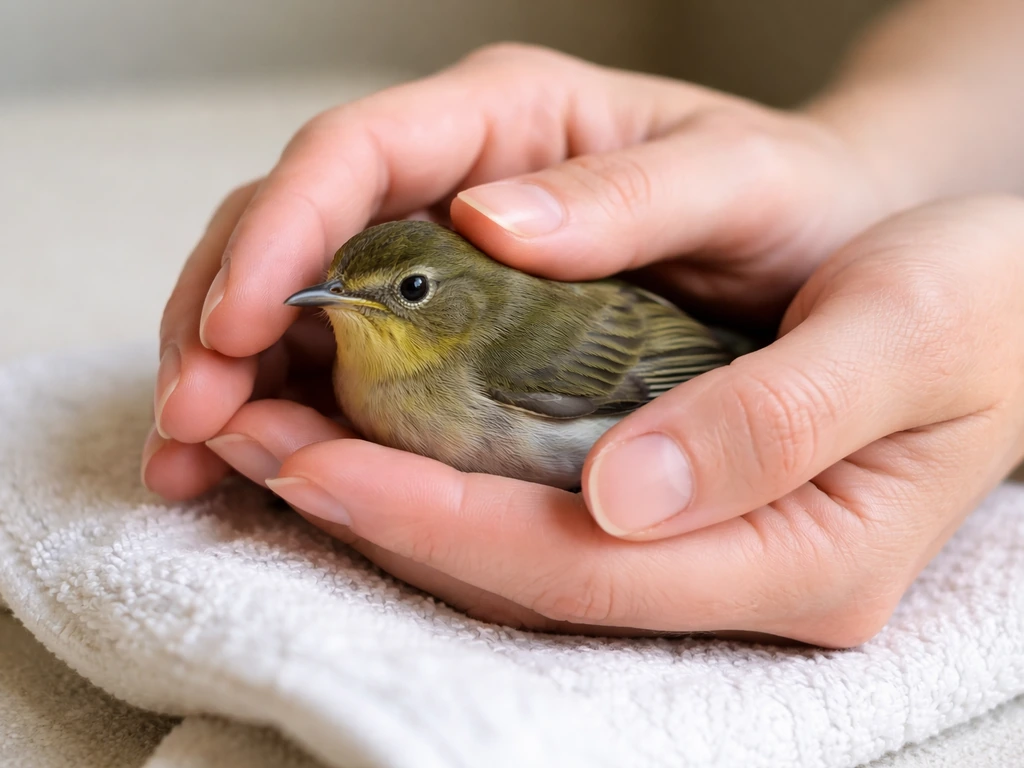 Hands gently cup a small bird with wings held softly against its body, cloth supporting the grip.