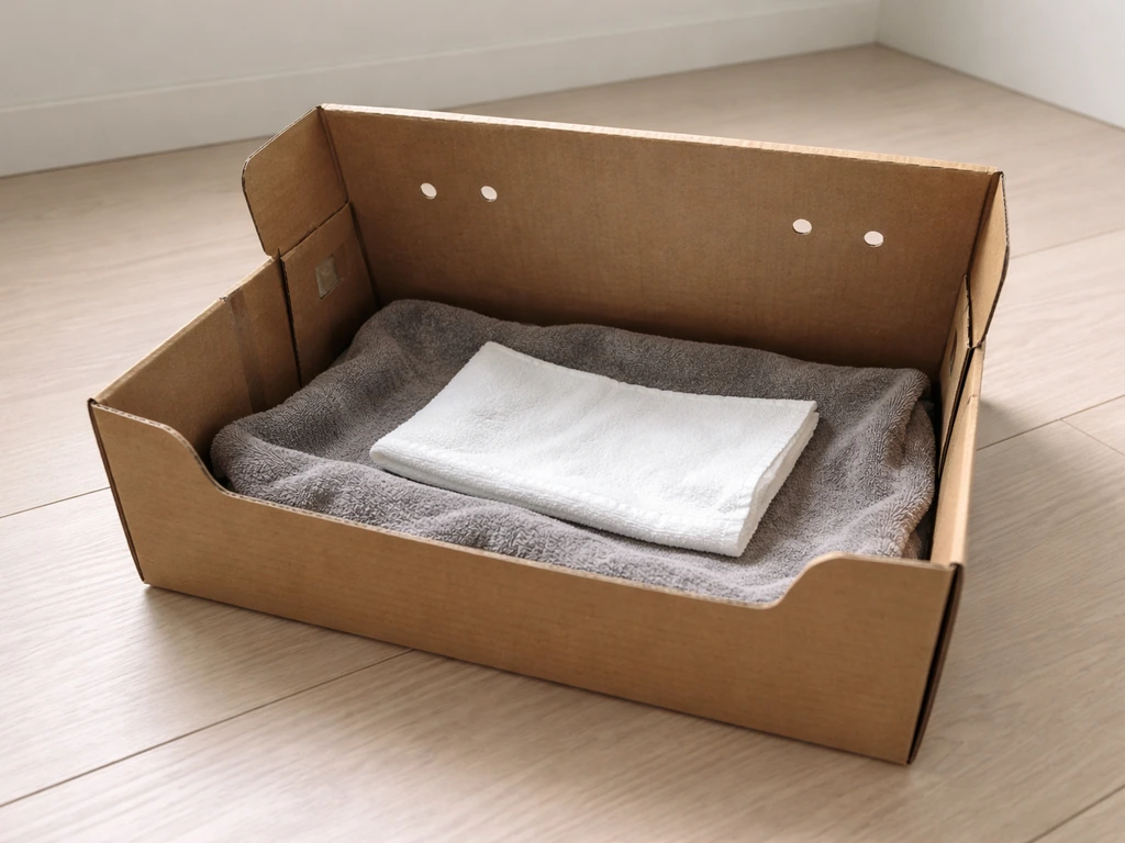 Small cardboard shoebox prepared for a bird, lined with soft cloth and a folded towel, dark and ventilated.