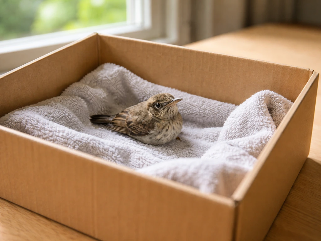 Stunned bird resting in a lined recovery box indoors after a suspected window strike.