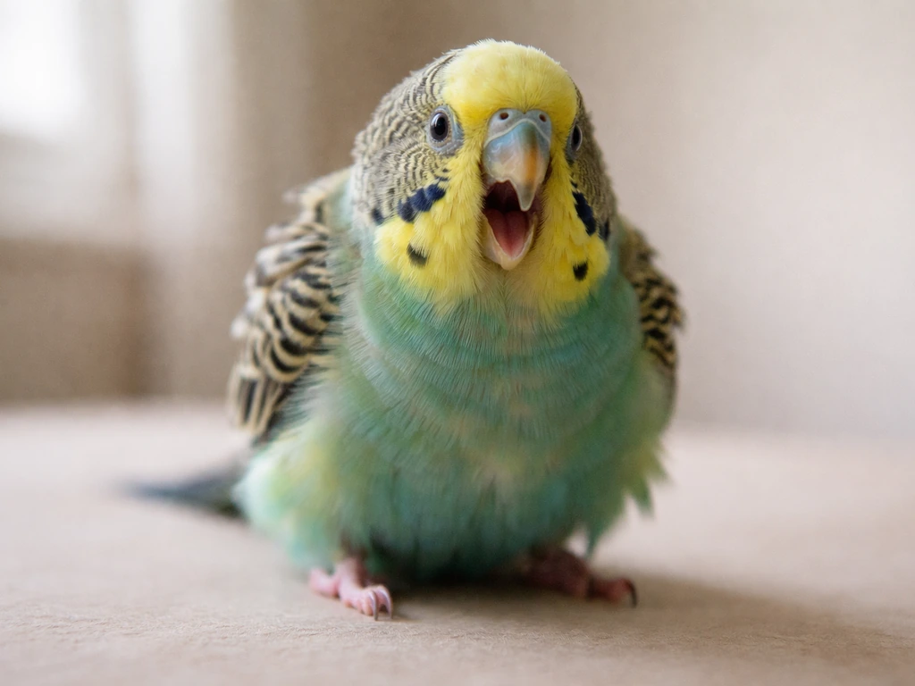 Close-up of a small bird with open mouth and fluffed feathers in a simple, safe indoor setting.
