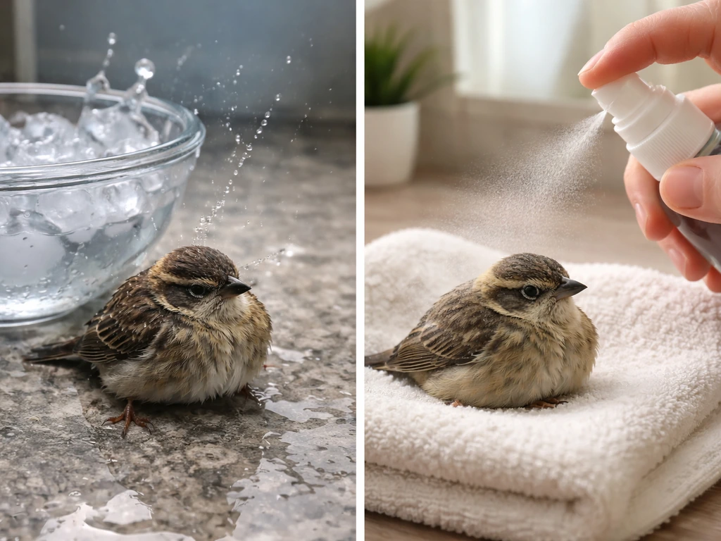 Split image: ice/ice-cold water vs gentle cool misting for a small bird’s safe recovery