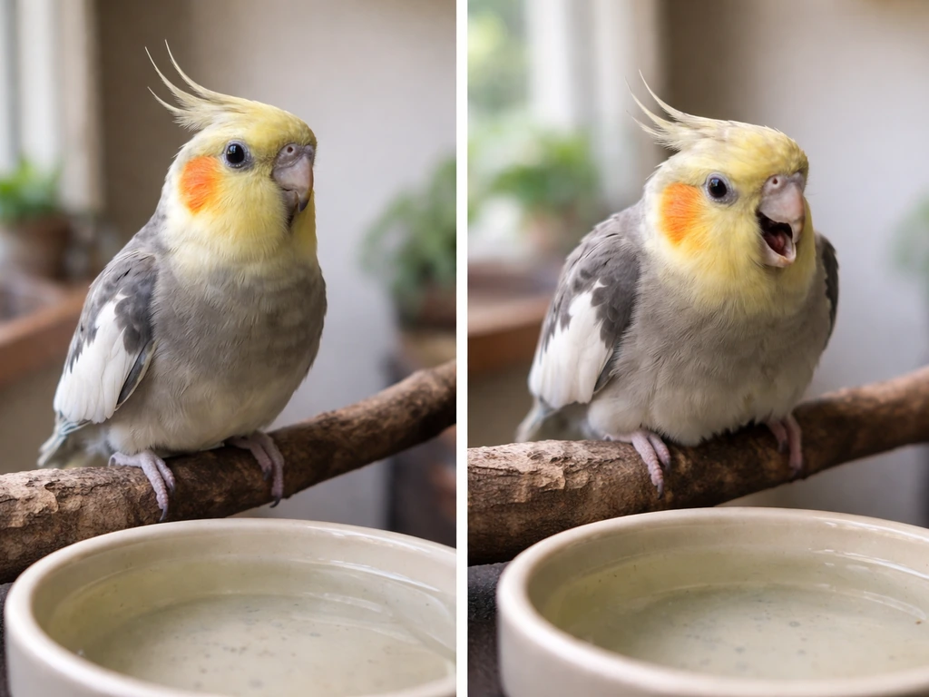 Two side-by-side frames of a pet bird: upright alert on the left, lethargic open-mouth breathing on the right.
