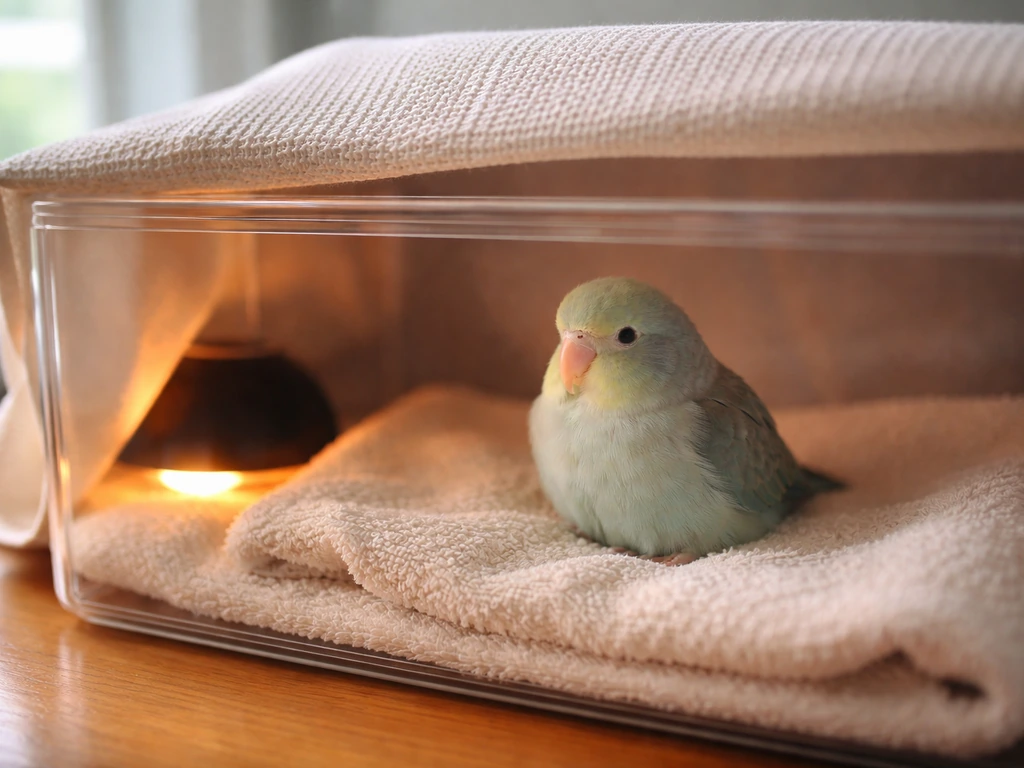 Small pet bird resting calmly in a cozy, safe enclosure with gentle warmth nearby