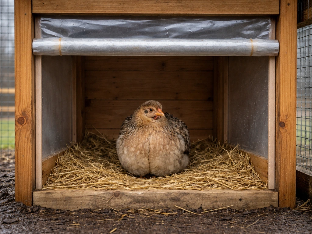 A small outdoor pet bird perched inside a weather-protected wooden shelter with dry bedding