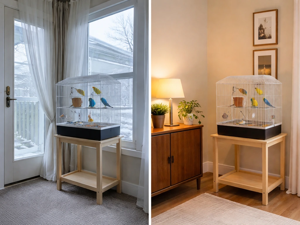 Split-screen: bird cage near a cold window draft vs cage placed away from exterior walls and vents.