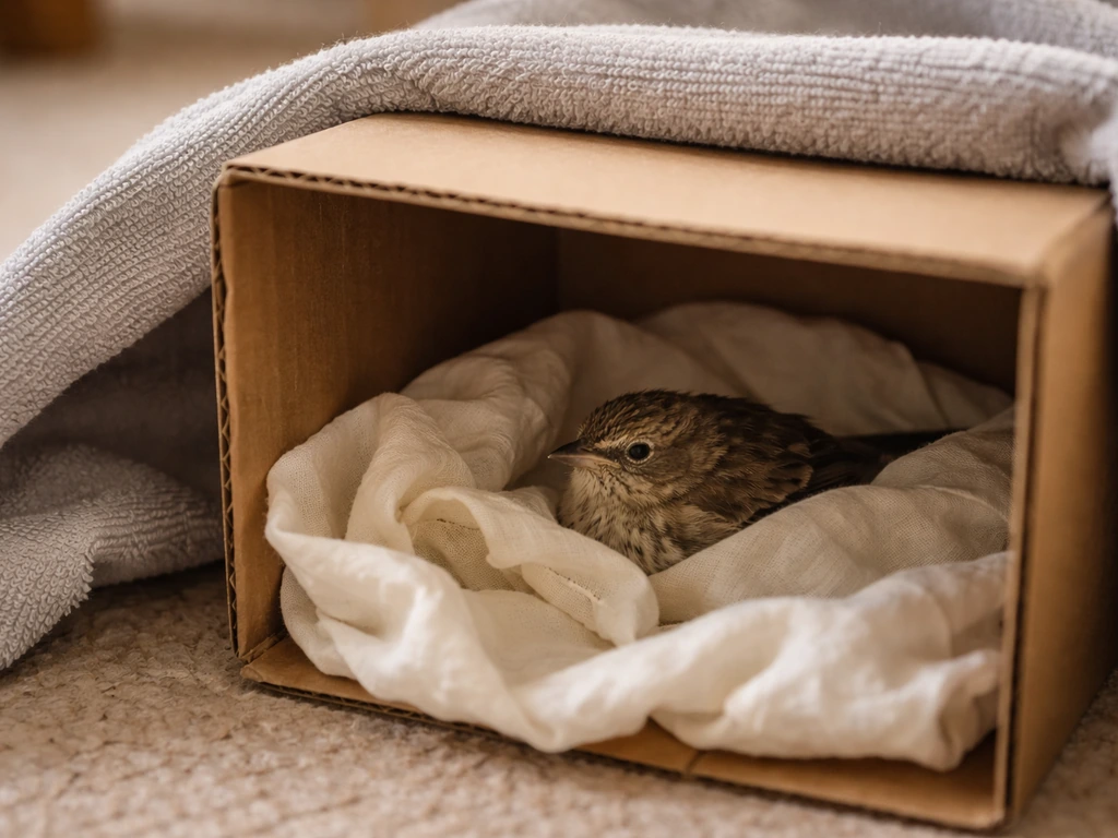 Rescued small wild bird in a dark, quiet cardboard box lined for warmth and calm