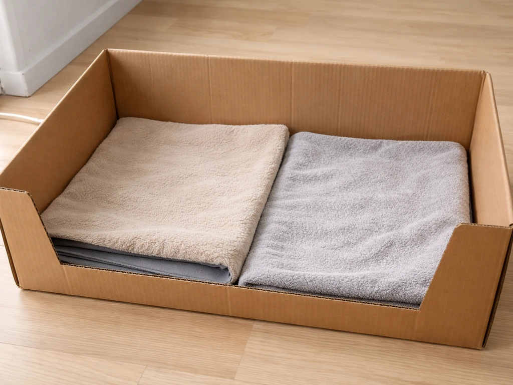 Close-up of a small pet warming setup with a heating pad on low under one side of an empty box