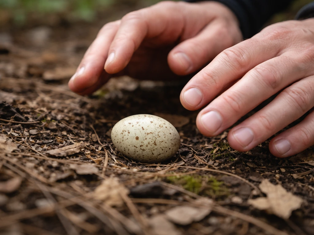 Anonymous hands hover above a wild bird egg, checking for cracks in leaf litter.