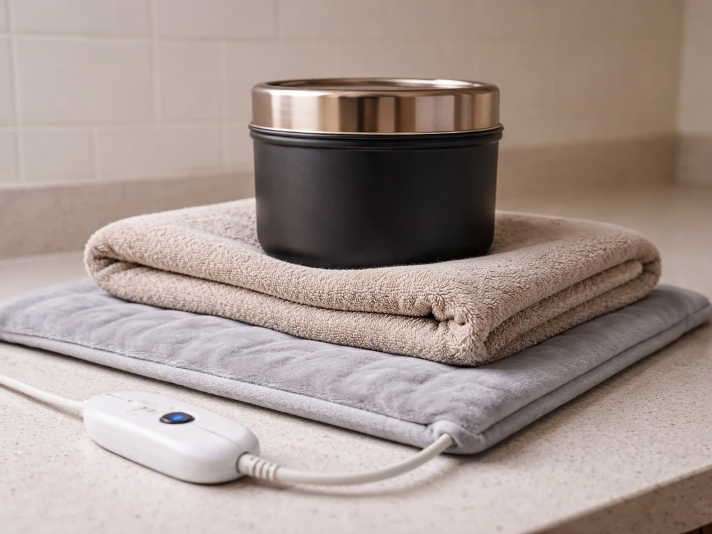 Heating pad on low beneath a warming container with a cloth barrier between them