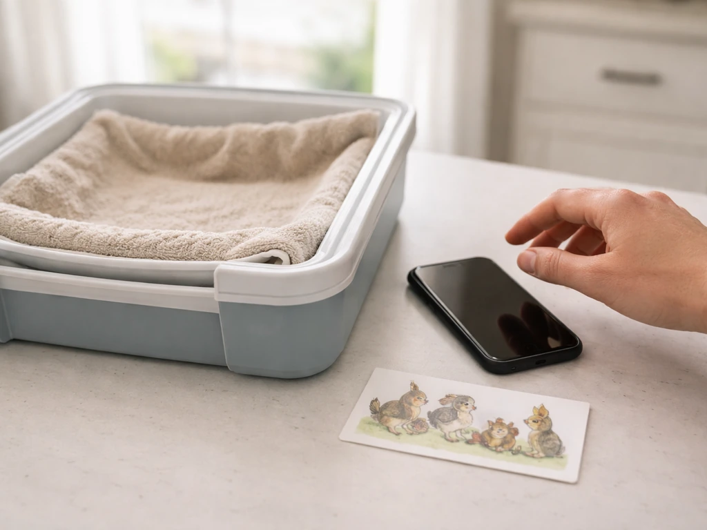 Phone and wildlife contact card beside a temporary warming container on a kitchen table, hand poised to call.
