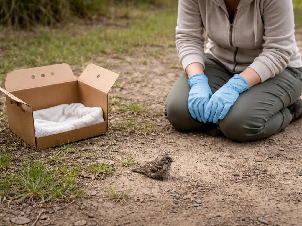 Calm gloved handler keeps distance from a small stressed bird, with an open prepared box nearby.
