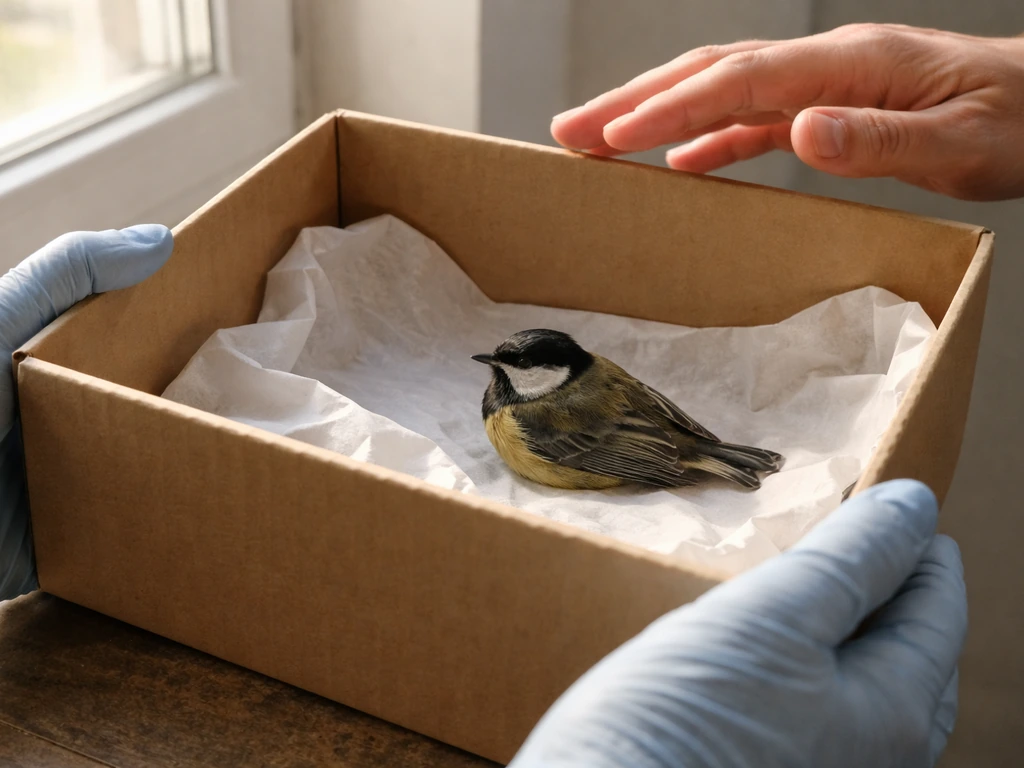 Gloved rescuer holding a small bird box steady indoors while checking the bird safely from a distance.