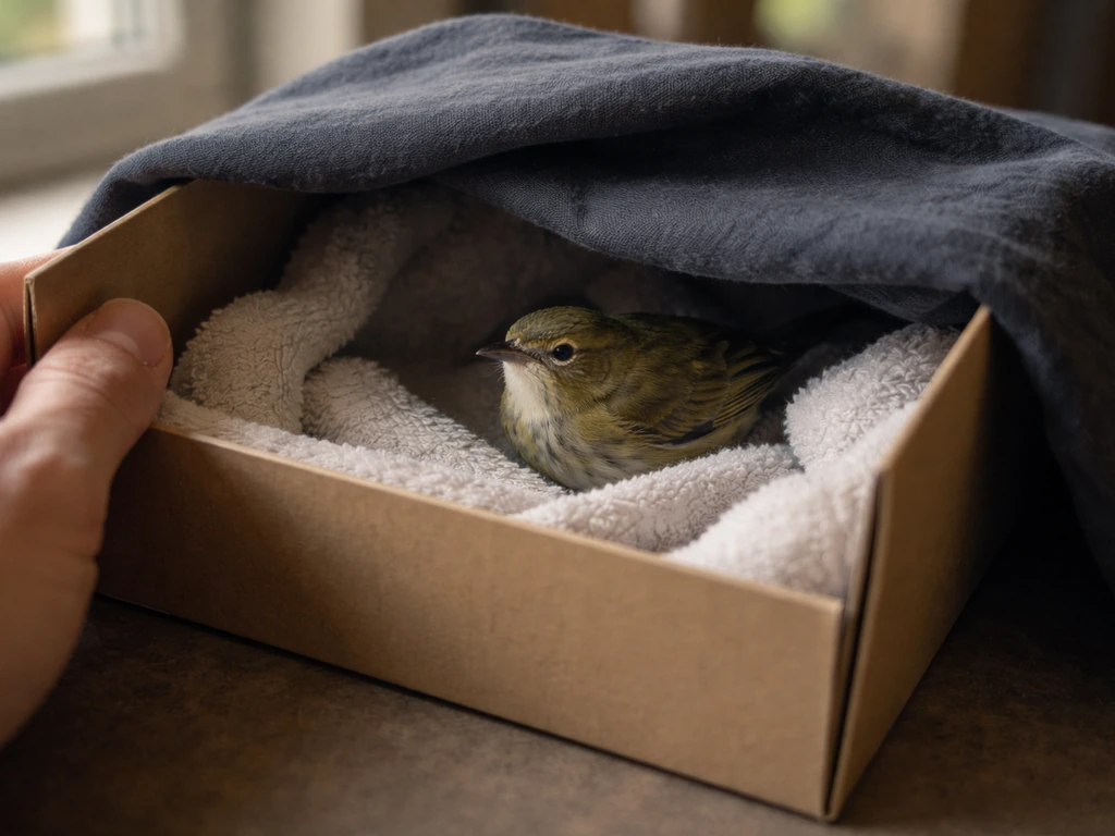 A small stunned bird resting in a covered recovery box, kept still for transport.