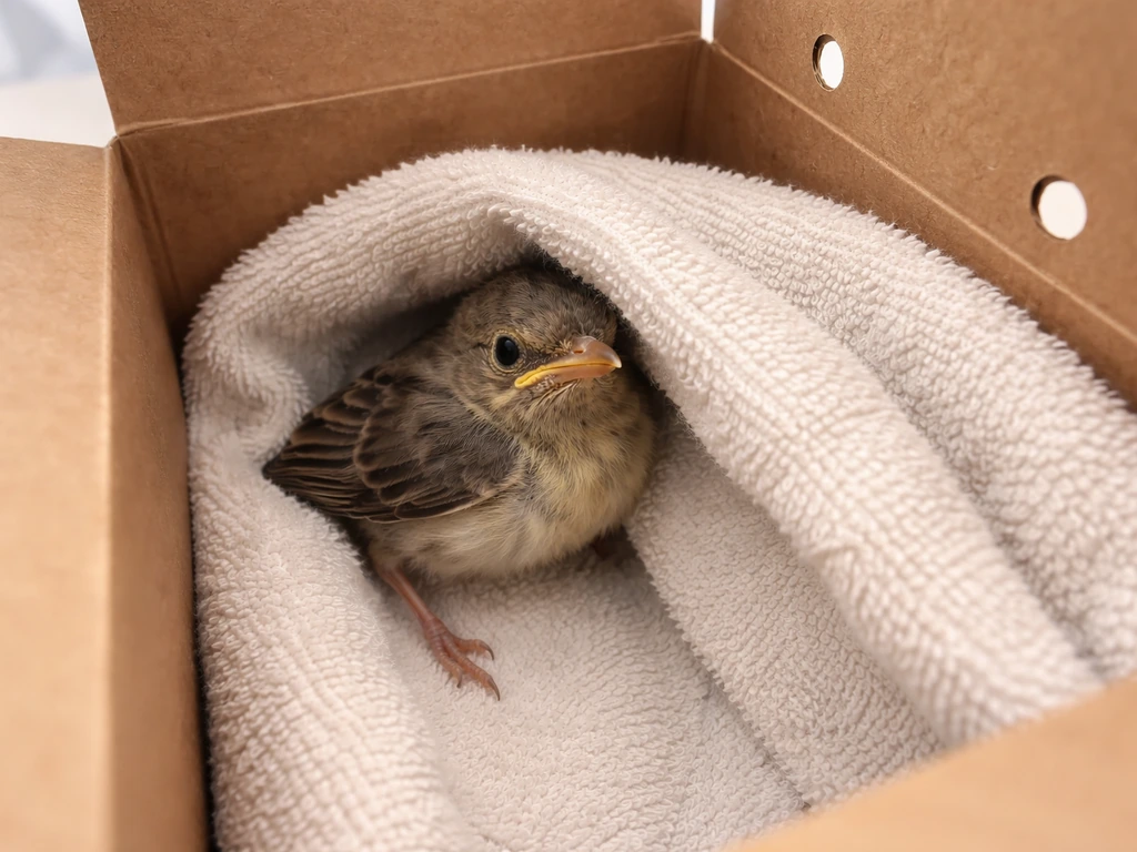 Baby bird resting in a cardboard box on a rolled towel with wing and leg naturally positioned.