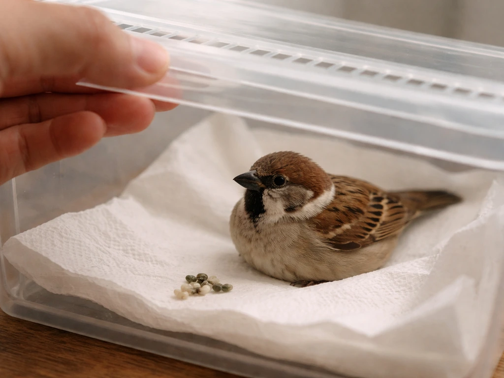 Caregiver gently checks a small bird’s droppings and body condition in a clean ventilated recovery container.