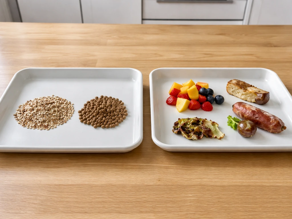Minimal tray showing safe bird diet portion alongside a separate tray with fruit and spoiled-looking food items