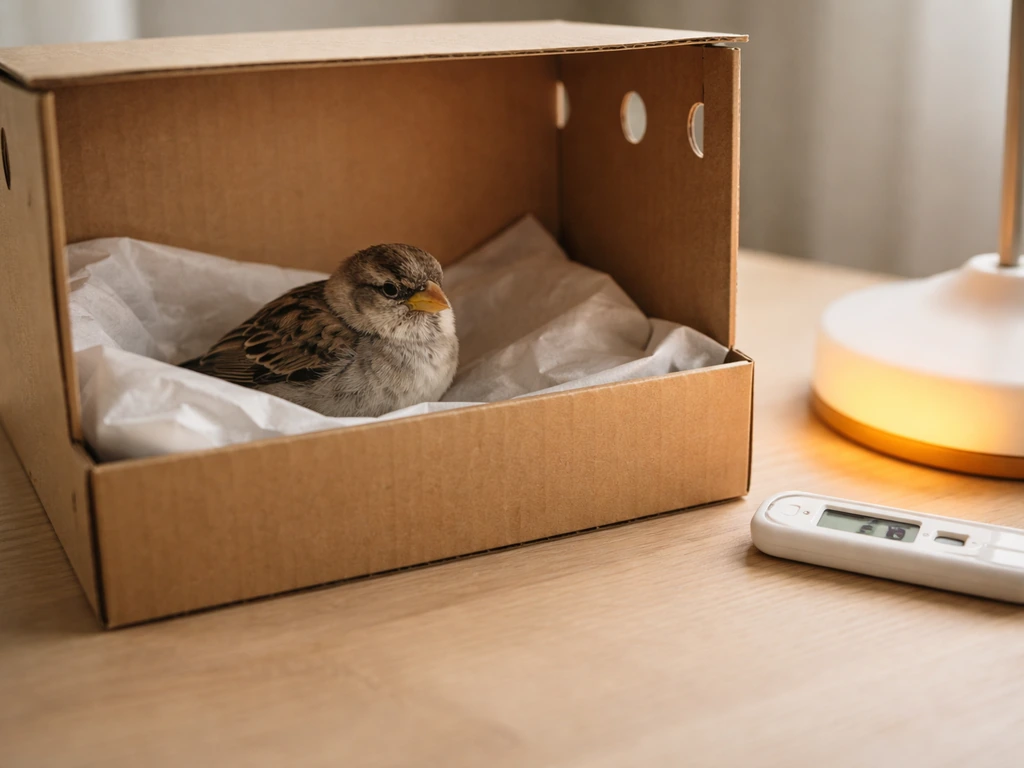 Small bird resting inside a ventilated box with a safe heat source outside for warmth.