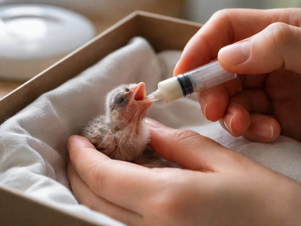 Hands feeding a very young orphaned chick with a syringe and soft tip in a clean nest setup.