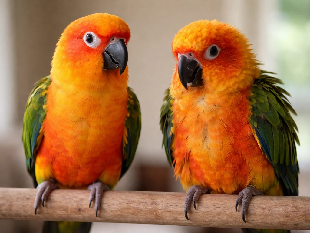 Side-by-side close-up of a healthy alert conure and a distressed, fluffed, lethargic conure.