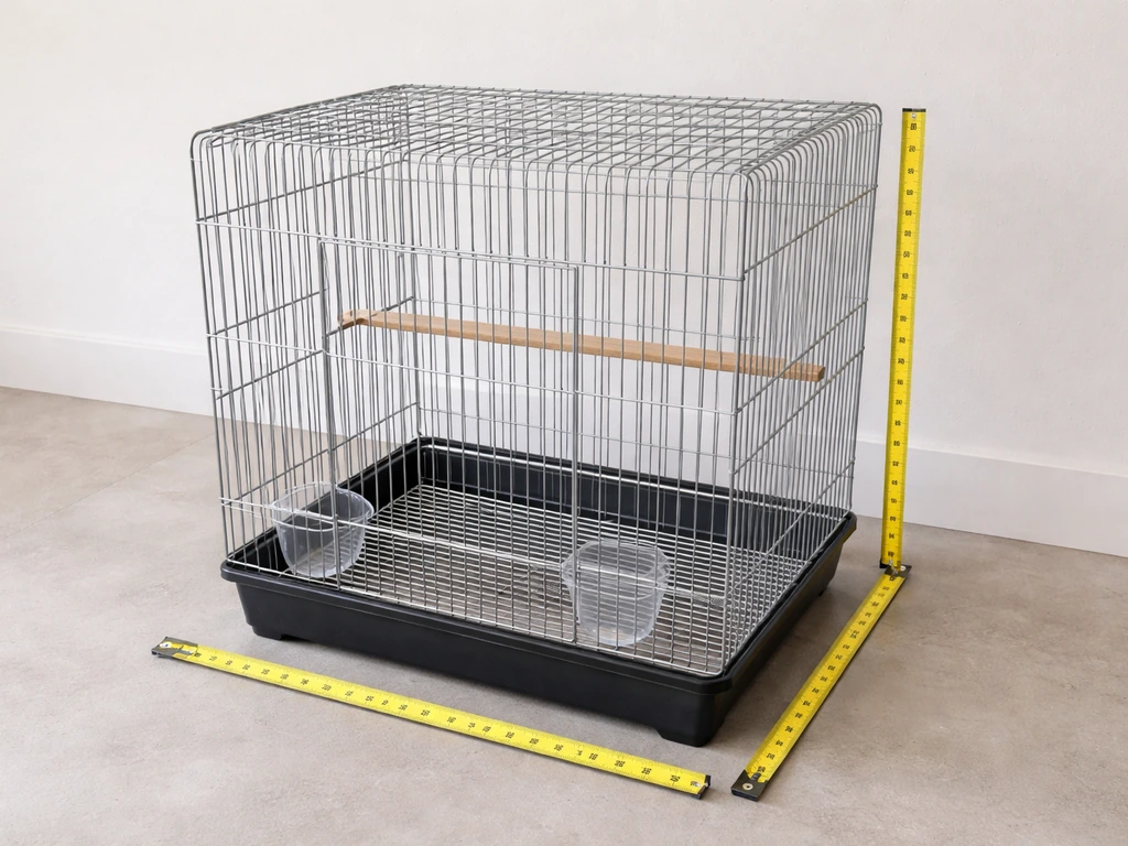 Tape measure laid beside an open bird cage showing length, width, and height with clear space between bars.