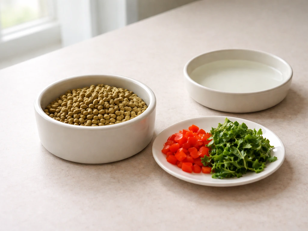 Green conure-feeding setup with pellet bowl, portioned fresh vegetables, and a separate water dish