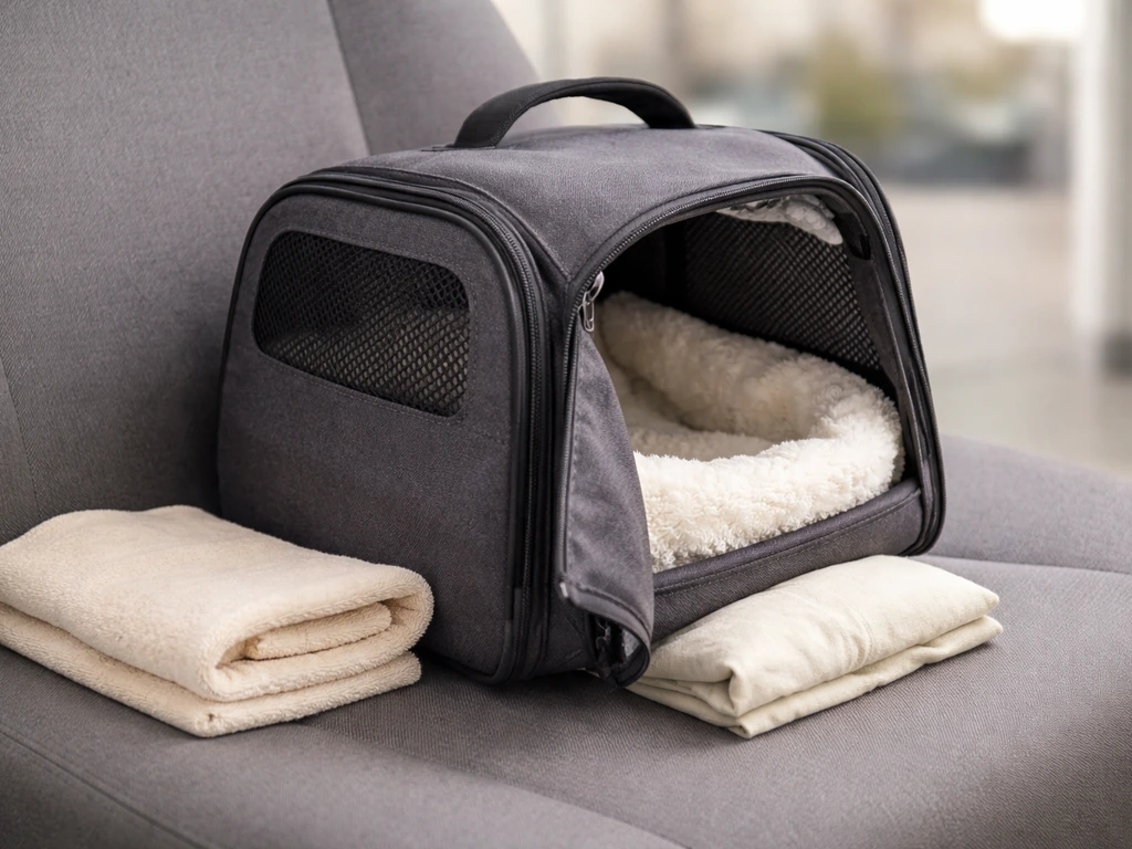 Cloth-lined pet travel carrier with ventilation prepared for safe avian emergency transport.
