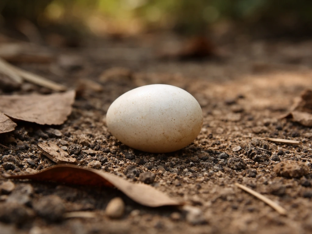 Ground-level close-up of an intact bird egg on dirt and dry leaves with blurred greenery behind it.