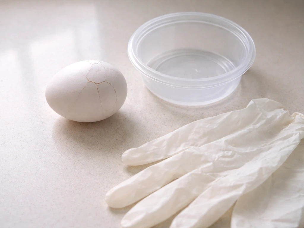 A single egg on a clean counter with gloves and a shallow container placed nearby for protection.